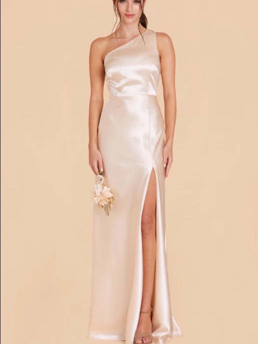 Birdy Grey Kira Dress One Shoulder Satin Gown in Shiny Satin Champagne
